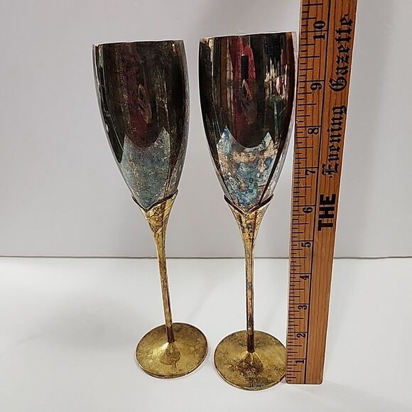 Set of 2 Brass? Vtg Leaf Champagne Flutes 10"t x 2" Opening - Picture 2 of 12